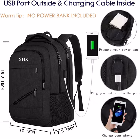 Sacs à dos pour ordinateur portable en polyester de voyage d'affaires de grande capacité avec chargeur USB